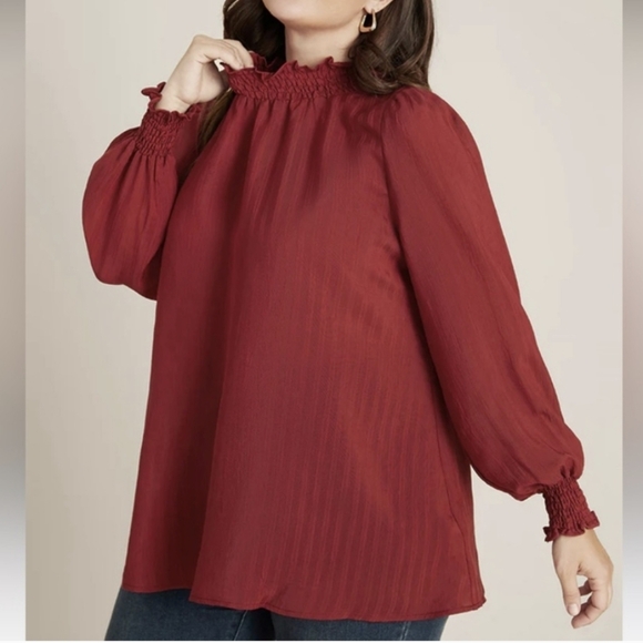 BloomChic Dark Red Smocked Mock Neck Lantern Sleeve Blouse - Picture 3 of 4